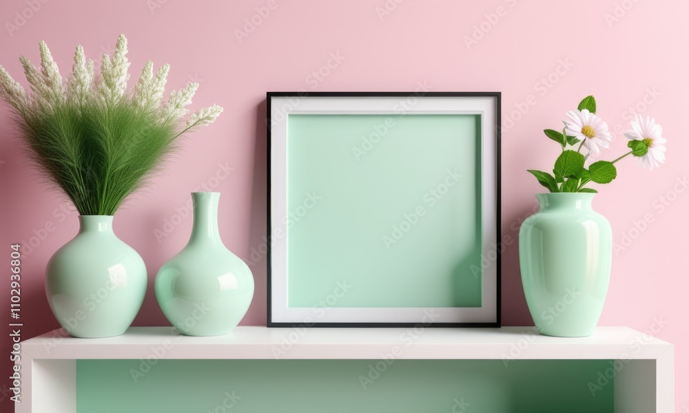 Elegant mint green vases and frame on minimalist shelf Elegant mint green vases and frame on minimalist shelf