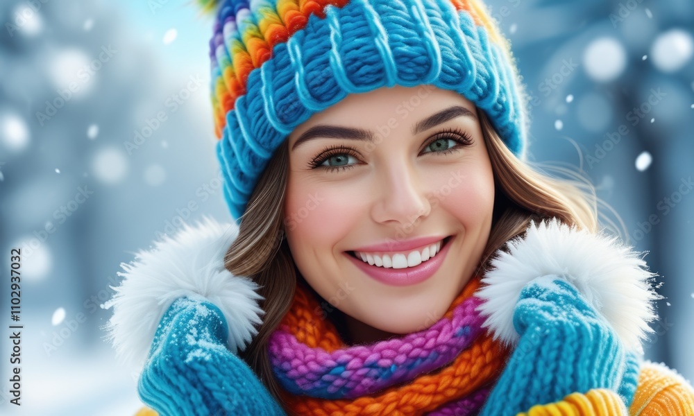 Smiling woman in colorful winter outfit amidst snowy forest background Smiling woman in colorful winter outfit amidst snowy forest background