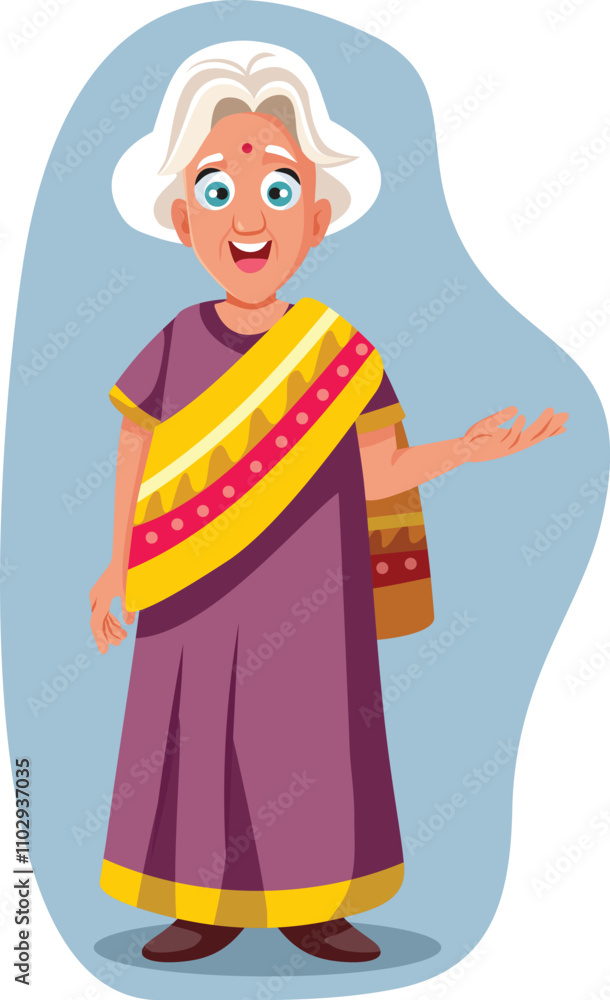 Indian Granny Holding Her Palm in Presentation Gesture Vector Character. Grandma from India wearing traditional clothing
Indian Granny Holding Her Palm in Presentation Gesture Vector Character. Grandma from India wearing traditional clothing