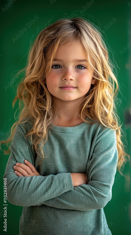 A young child with long hair poses confidently against a green background. A young child with long hair poses confidently against a green background.