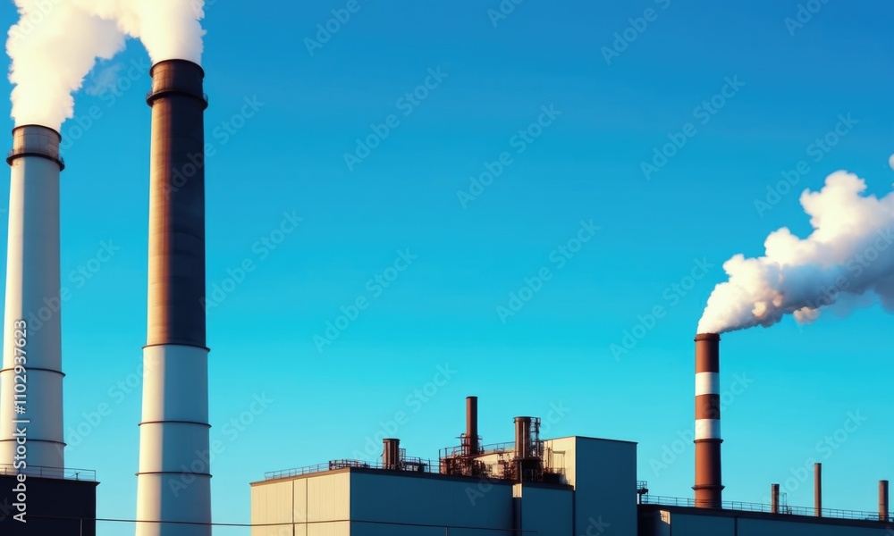 Industrial power plant with smoking chimneys against clear blue sky Industrial power plant with smoking chimneys against clear blue sky