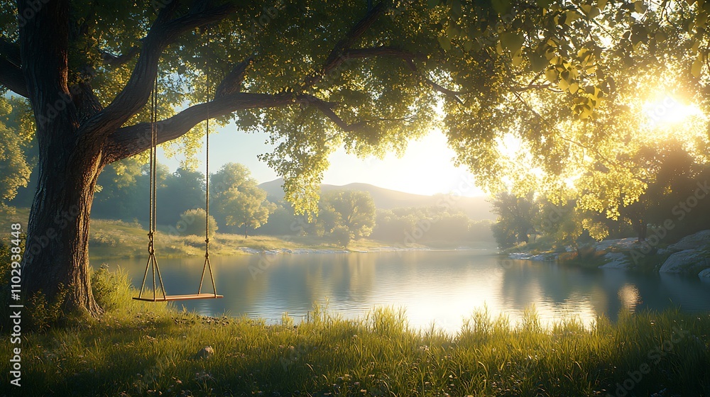 Obraz premium A serene countryside view with a rope swing dangling from an ancient tree, surrounded by tall grass, overlooking a calm river and gentle rolling hills, sunlight streaming through the branches,