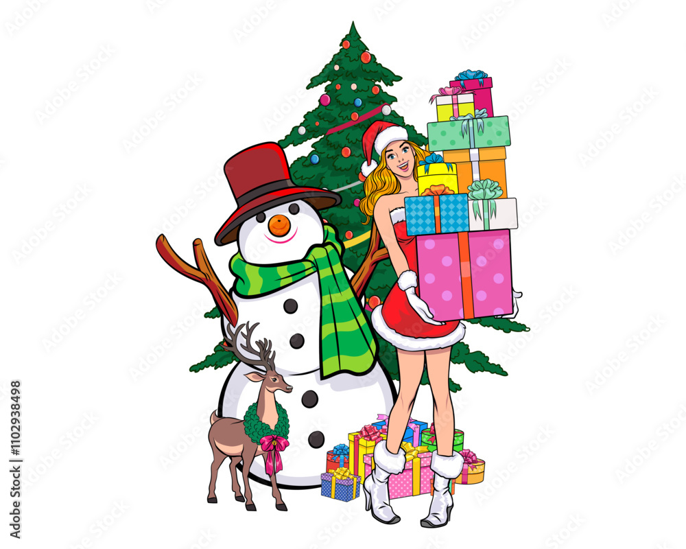 merry christmas santa and snowman elf with Christmas girl in red dress in pop art comic style merry christmas santa and snowman elf with Christmas girl in red dress in pop art comic style