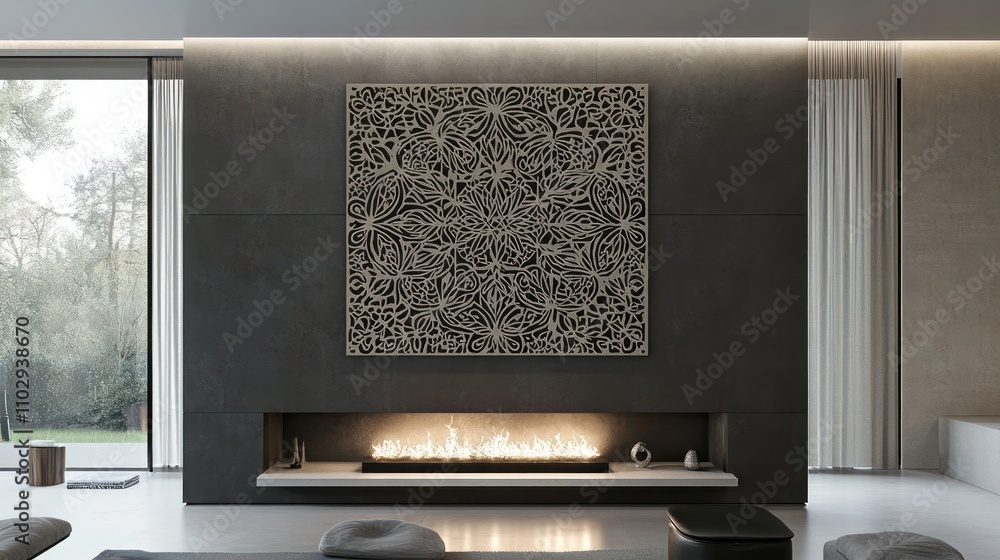 Modern living room with a decorative wall art piece above a sleek fireplace.