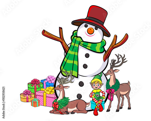 merry christmas santa snowman reindeer elf with Christmas girl in red dress in pop art comic style