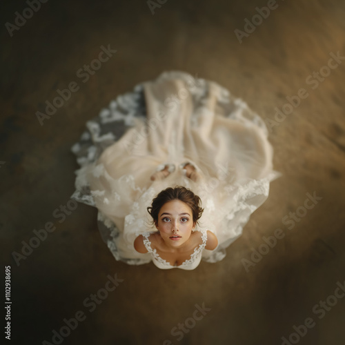 Mujer vestida de novia viendo hacia arriba 