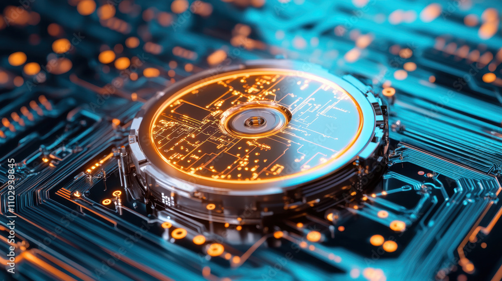 Database. A close-up view of a futuristic data storage device on a circuit board, showcasing glowing elements and intricate technology. Database. A close-up view of a futuristic data storage device on a circuit board, showcasing glowing elements and intricate technology.
