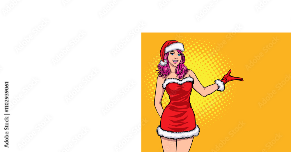 merry christmas santa and snowman elf with Christmas girl in red dress in pop art comic style merry christmas santa and snowman elf with Christmas girl in red dress in pop art comic style