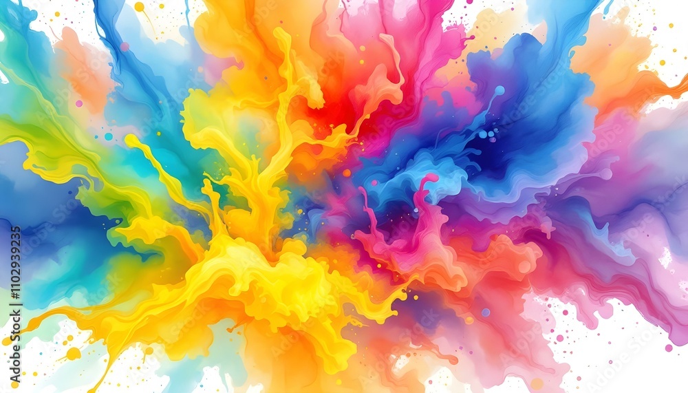 Fototapeta premium Color liquid ink splash abstract background rainbow art. Rainbow splash collage mix flow drip. Fluid wave colors yellow, red, green, blue. Liquid ink palette motion. Multicolored liquid splash