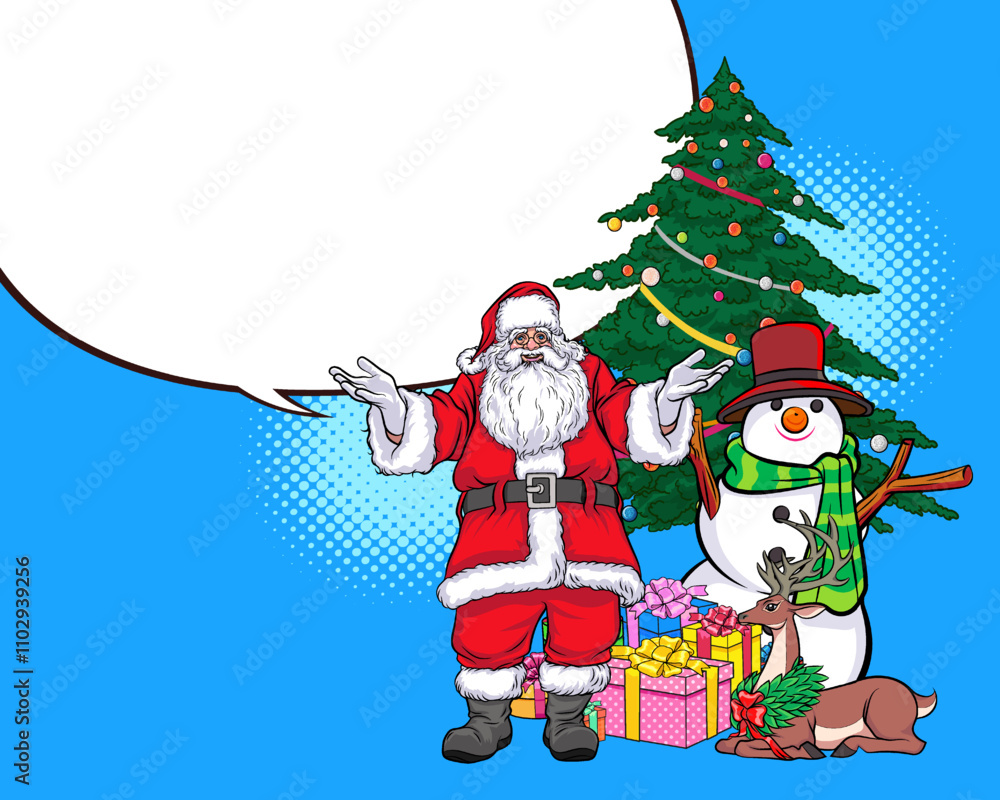 merry christmas santa and snowman reindeer elf in pop art comic style merry christmas santa and snowman reindeer elf in pop art comic style