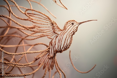 Copper Wire Hummingbird Art Intricate Rope Design, Avian Flight photo