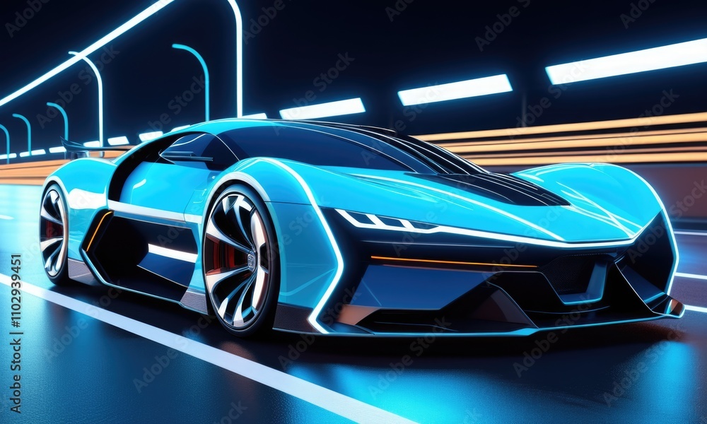 Futuristic electric sports car on a neonlit highway at night Futuristic electric sports car on a neonlit highway at night