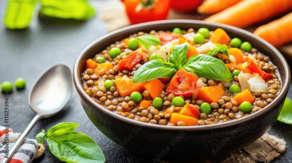Delicious lentil soup with vegetables and fresh basil in a rustic bowl. Delicious lentil soup with vegetables and fresh basil in a rustic bowl.