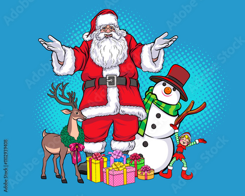 merry christmas santa and snowman reindeer elf in pop art comic style