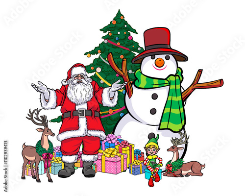 merry christmas santa and snowman reindeer elf in pop art comic style