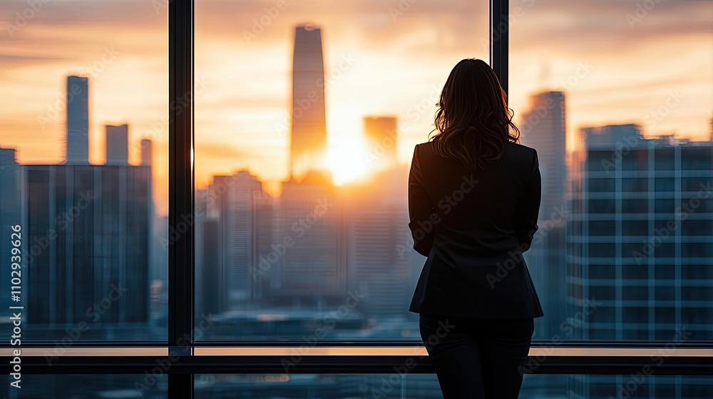 Fototapeta premium Silhouette of a woman in a suit watching sunset through office window.