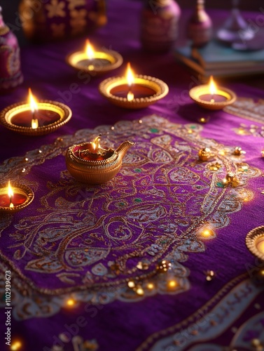 Illuminated Diwali Celebration Traditional Indian Oil Lamps and Decor photo