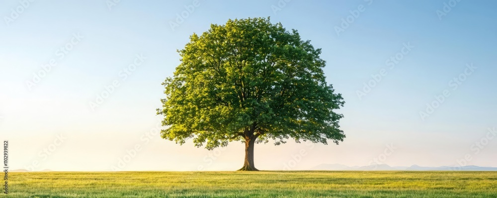 Lonely tree in open field, bright blue sky, peaceful nature landscape Lonely tree in open field, bright blue sky, peaceful nature landscape