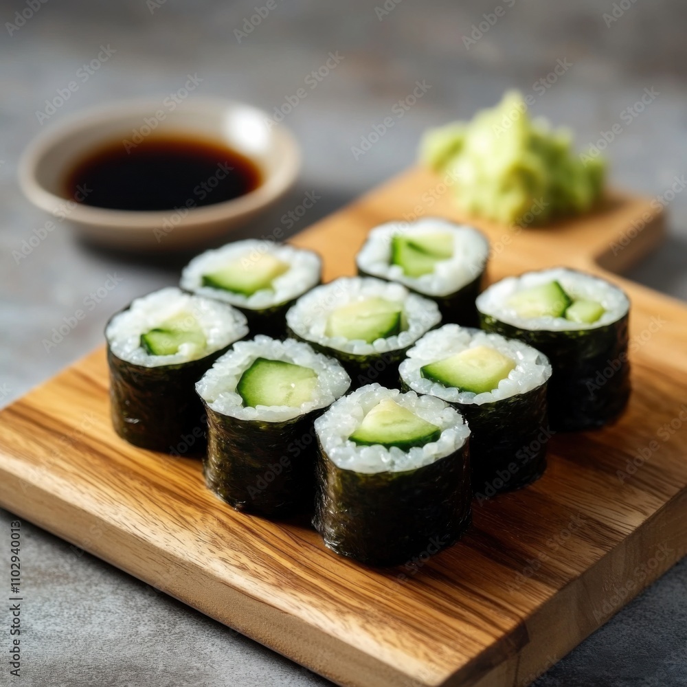 A refreshing cucumber and avocado sushi roll with a side of soy sauce, served on a bamboo sushi mat, Sushi roll centered with pickled ginger A refreshing cucumber and avocado sushi roll with a side of soy sauce, served on a bamboo sushi mat, Sushi roll centered with pickled ginger