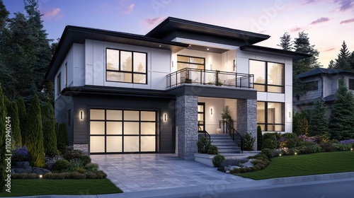 Modern two-story house with a sleek design and landscaped surroundings.