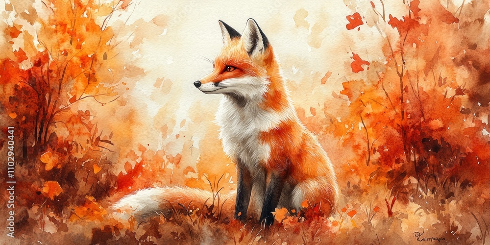 Fototapeta premium Red Fox Sitting Amidst Autumnal Foliage
