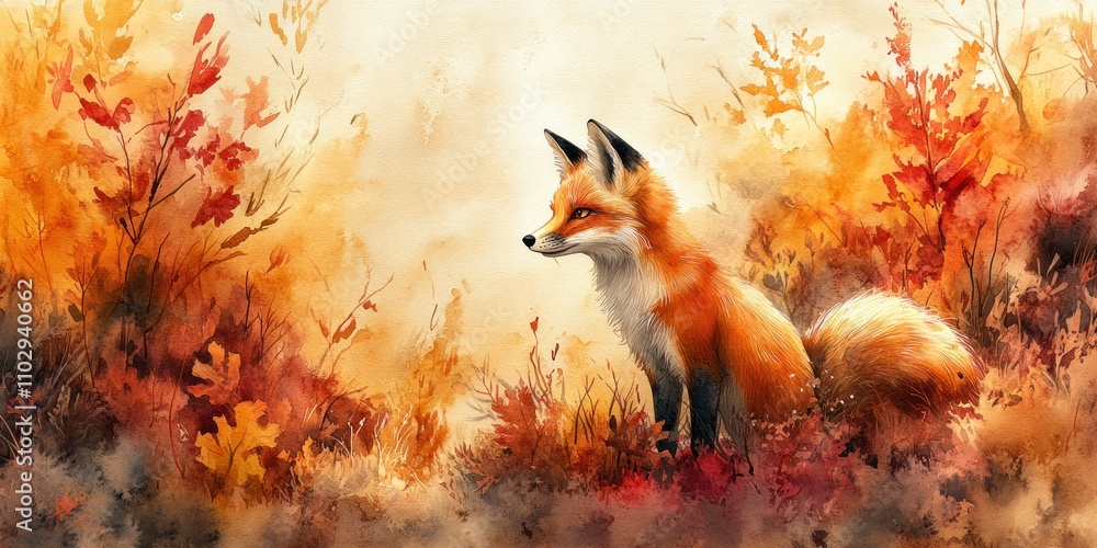 Obraz premium Red Fox Amidst Autumnal Foliage Watercolor Painting
