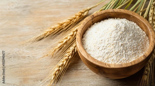 Wheat flour in a wooden bowl beside wheat stalks on a rustic table.