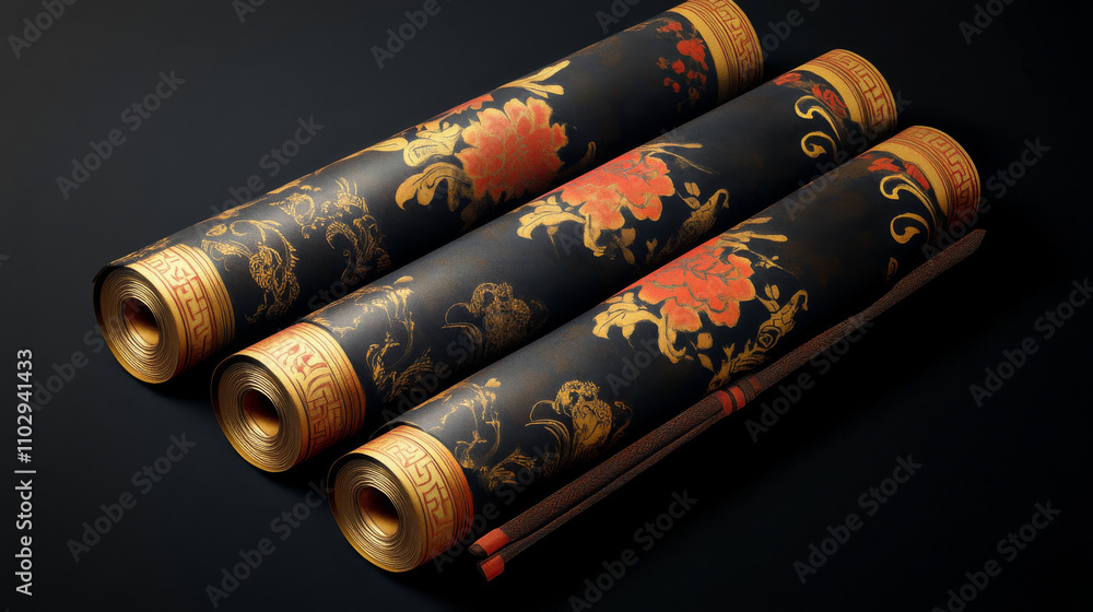 Rolled-up ancient Chinese scrolls with gold and red designs are shown against a black background. A vector illustration. Rolled-up ancient Chinese scrolls with gold and red designs are shown against a black background. A vector illustration.