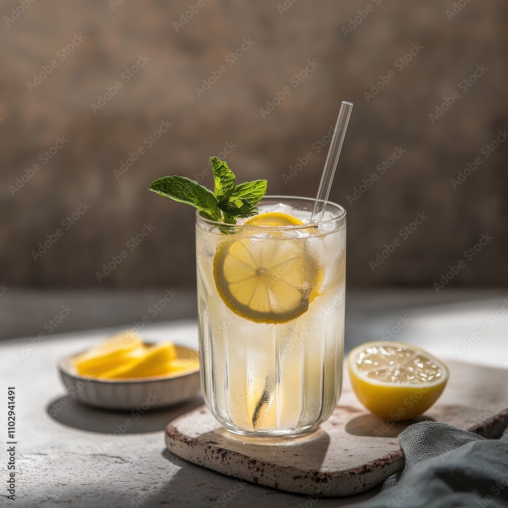 Fototapeta premium A refreshing glass of lemonade with a lemon slice and mint leaves, served in a sleek glass, Lemonade centered