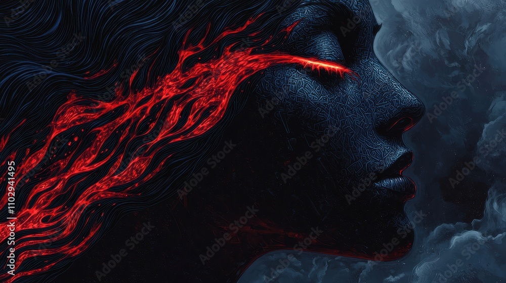 Fiery eye in dark profile: dramatic art of flames and smoke against stormy background Fiery eye in dark profile: dramatic art of flames and smoke against stormy background