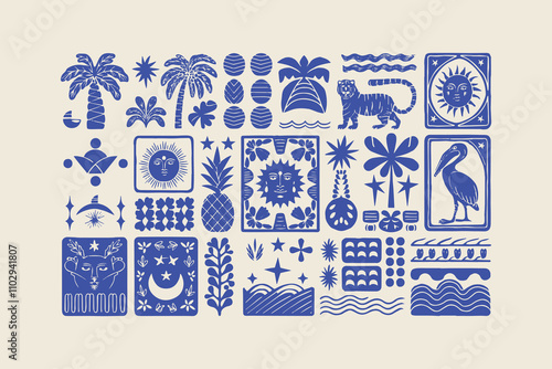 Set of hand-drawn retro tropical summer shape vector illustrations, easily editable