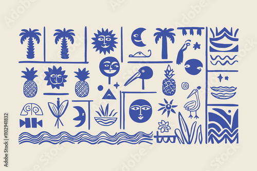 Set of hand-drawn retro tropical summer shape vector illustrations, easily editable
