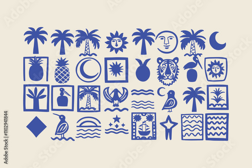 Set of hand-drawn retro tropical summer shape vector illustrations, easily editable
