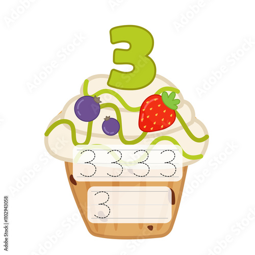 Counting educational children game. Material for teaching counting 1-10. Cartoon illustration of a delicious fruit cupcake.
