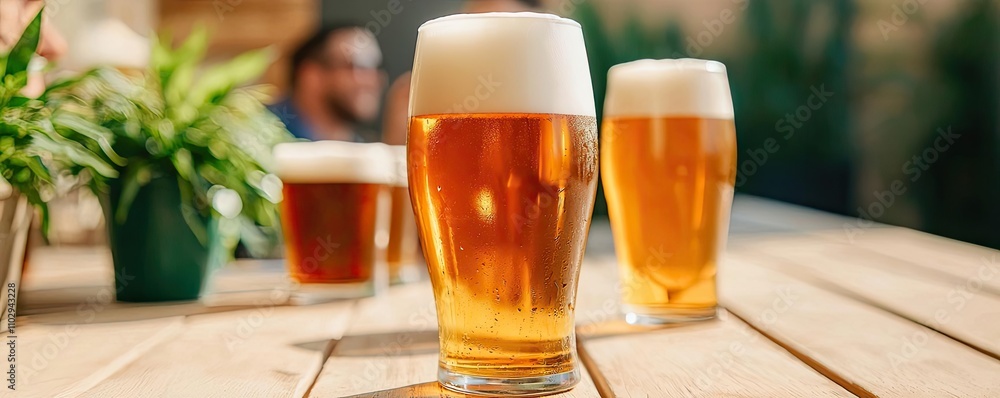 Glasses of golden beer with foam on a wooden table, natural lighting. Glasses of golden beer with foam on a wooden table, natural lighting.