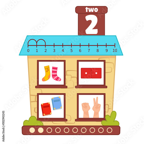 Counting educational children material. Cartoon house for teaching children ordinal numbers.
