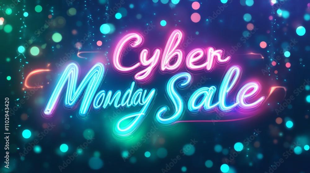 Cyber Monday sale neon sign with bokeh lights. Cyber Monday sale neon sign with bokeh lights.