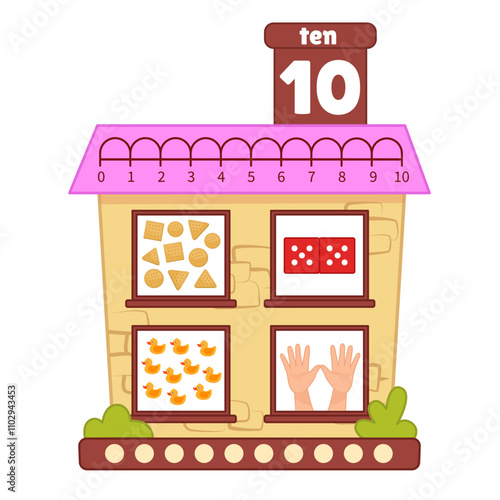 Counting educational children material. Cartoon house for teaching children ordinal numbers.
