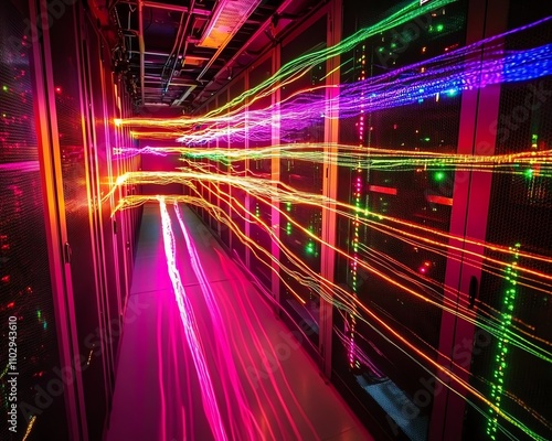 Colorful data streams in a server room. photo