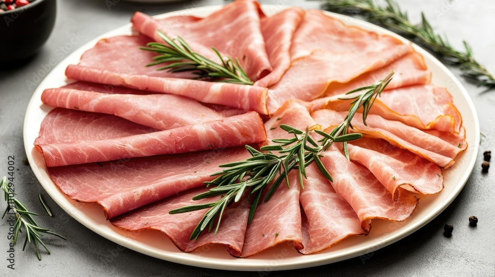 Sliced ham arranged on a white plate with rosemary sprigs, ideal for culinary presentations. Sliced ham arranged on a white plate with rosemary sprigs, ideal for culinary presentations.