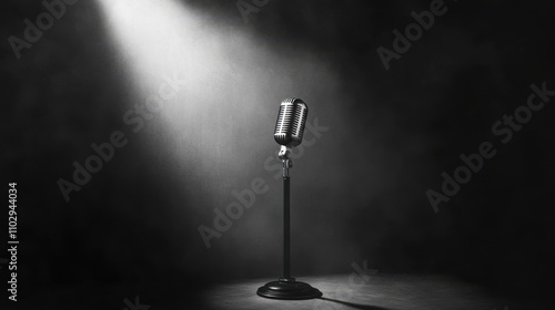 A vintage casting directorâ€™s microphone positioned on a small stage with a blank backdrop and a single spotlight highlighting the space, movie audition, casting industry, film stag