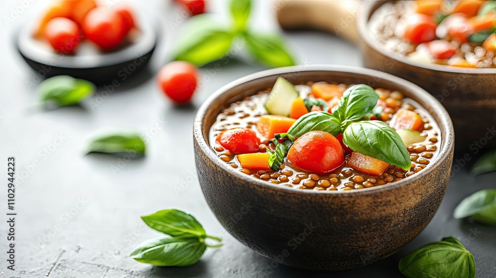 Fresh vegetable soup in a wooden bowl with basil and cherry tomatoes.