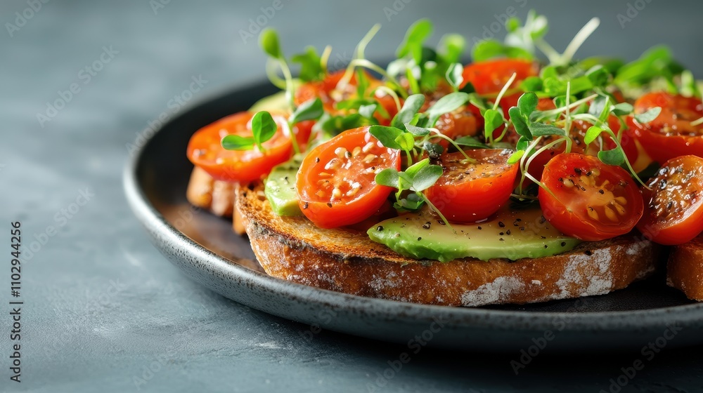 Fresh avocado and tomato toast with microgreens on rustic bread Fresh avocado and tomato toast with microgreens on rustic bread