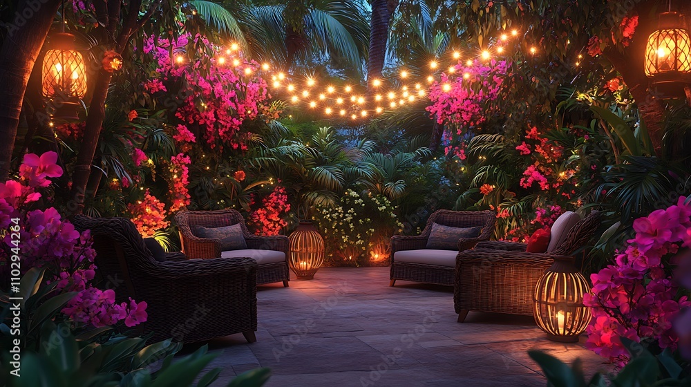 A tropical garden patio with rattan chairs, string lights wrapped around palm trees, bright tropical flowers blooming vibrantly, and soft lanterns adding a magical glow, hd quality, A tropical garden patio with rattan chairs, string lights wrapped around palm trees, bright tropical flowers blooming vibrantly, and soft lanterns adding a magical glow, hd quality,