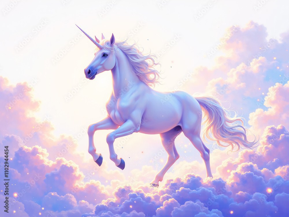 A majestic white unicorn prances through a soft pastel cloud background, showcasing flowing mane and a shimmering horn, depicting a fantastical scene for illustration. A majestic white unicorn prances through a soft pastel cloud background, showcasing flowing mane and a shimmering horn, depicting a fantastical scene for illustration.