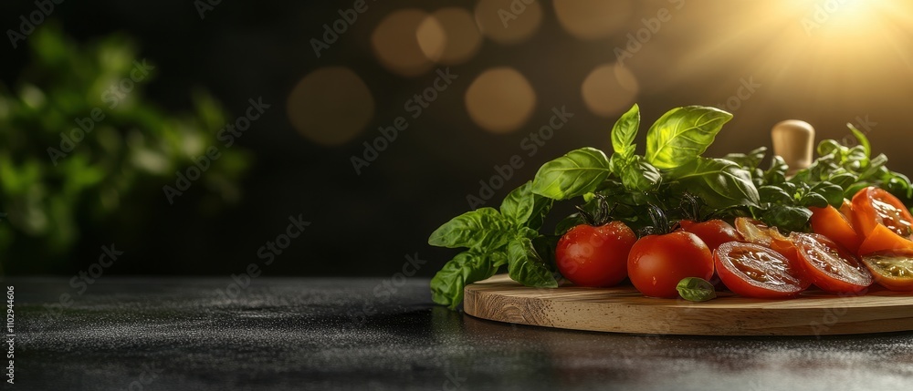 Fresh cherry tomatoes and basil leaves displayed on wooden cutting board with sunlight Fresh cherry tomatoes and basil leaves displayed on wooden cutting board with sunlight