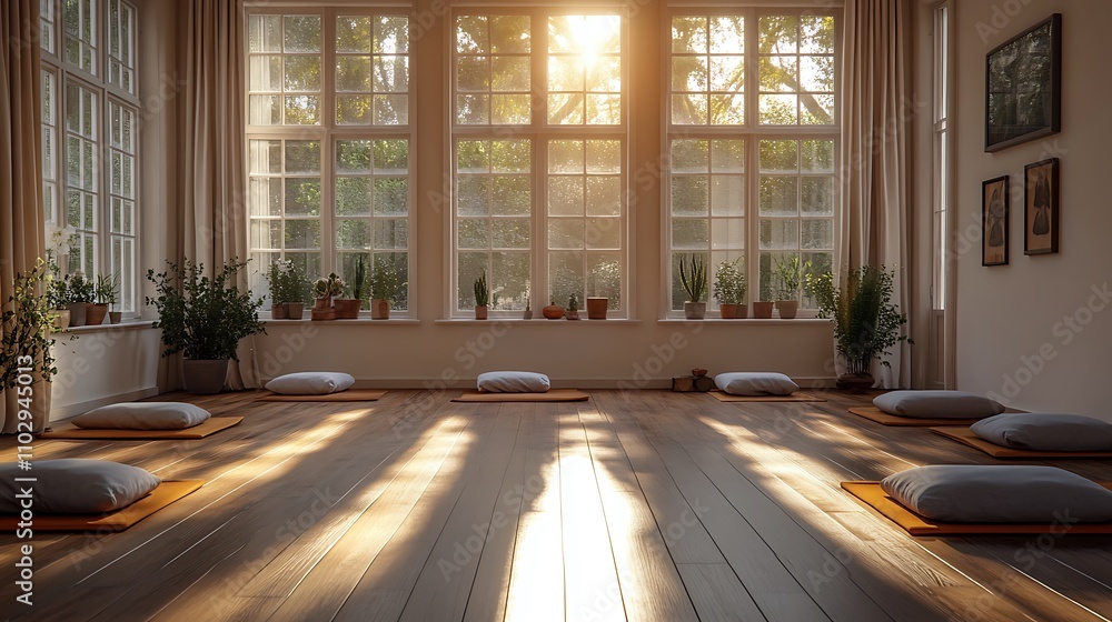 A yoga studio designed with simplicity and elegance, featuring sunlight streaming through large open windows, mats and cushions placed perfectly on polished wooden floors, minimalist decor, A yoga studio designed with simplicity and elegance, featuring sunlight streaming through large open windows, mats and cushions placed perfectly on polished wooden floors, minimalist decor,