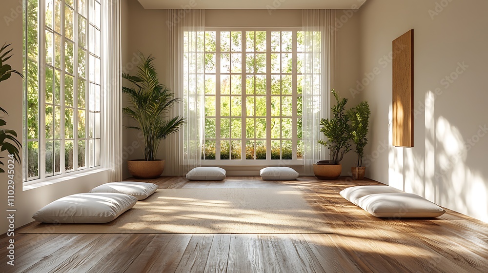 A yoga studio designed with simplicity and elegance, featuring sunlight streaming through large open windows, mats and cushions placed perfectly on polished wooden floors, minimalist decor, A yoga studio designed with simplicity and elegance, featuring sunlight streaming through large open windows, mats and cushions placed perfectly on polished wooden floors, minimalist decor,