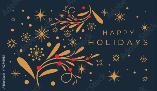 Golden Holiday Christmas card background, winter frame border, template printable with modern simple style, leaf, cliparts, tree branches, leaves, snowflakes, stars, pattern