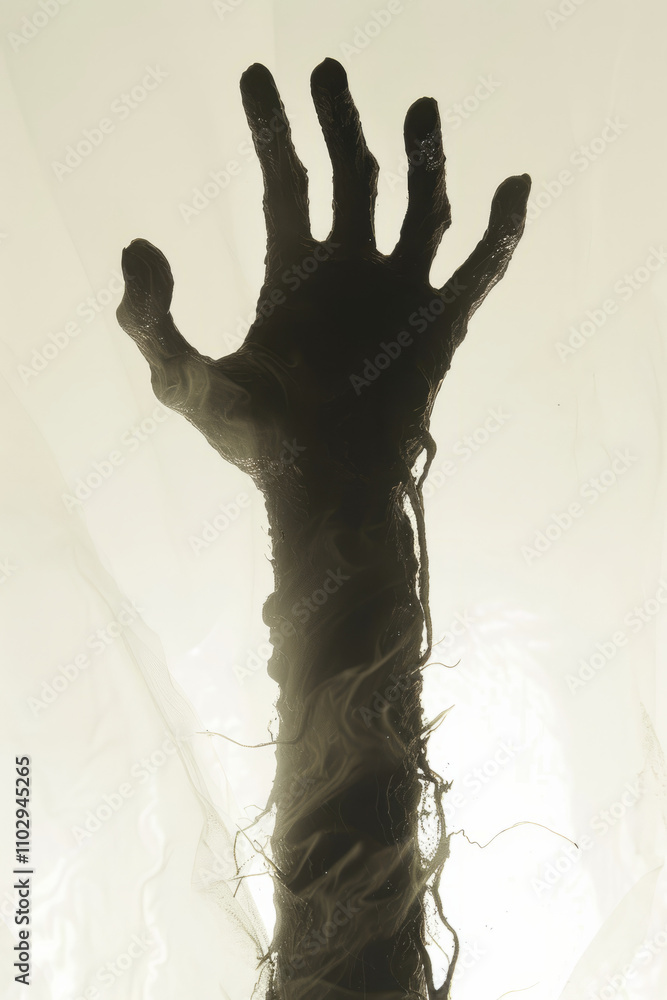 The silhouette of a zombie's hand casts a haunting shadow against a stark white backdrop. The silhouette of a zombie's hand casts a haunting shadow against a stark white backdrop.